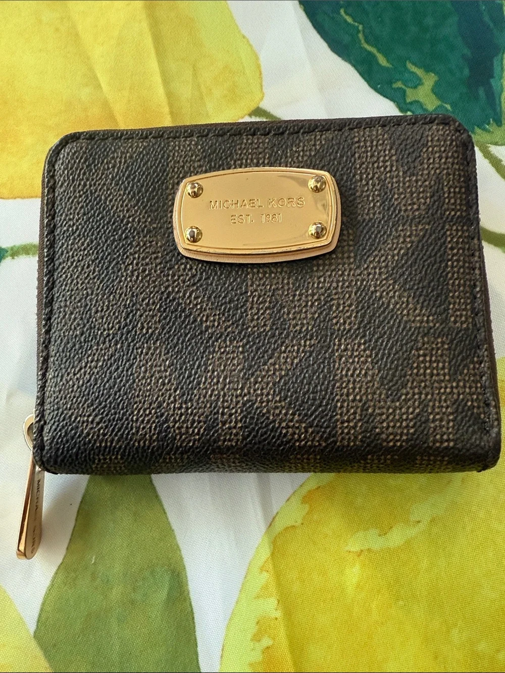 Michael Kors Dark Brown Coated Canvas Zip Card Holder with Gold Plate